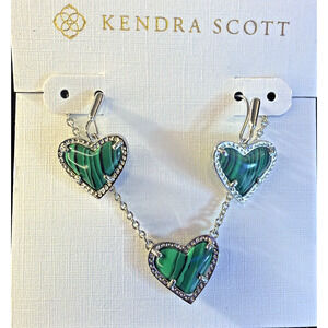 Kendra Scott Ari Heart Necklace Earrings Set Silver Green Malachite Stones
